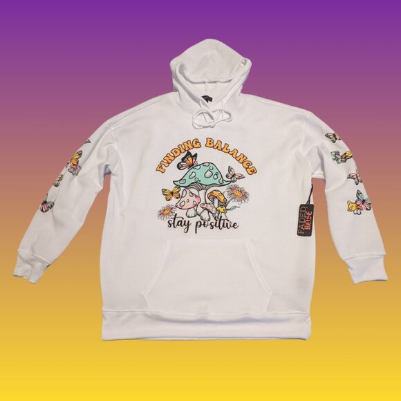 Faded Rose  White Graphic Hoodie Sweatshirt w/ Sleeve Butterflies Sz M - Picture 3 of 6